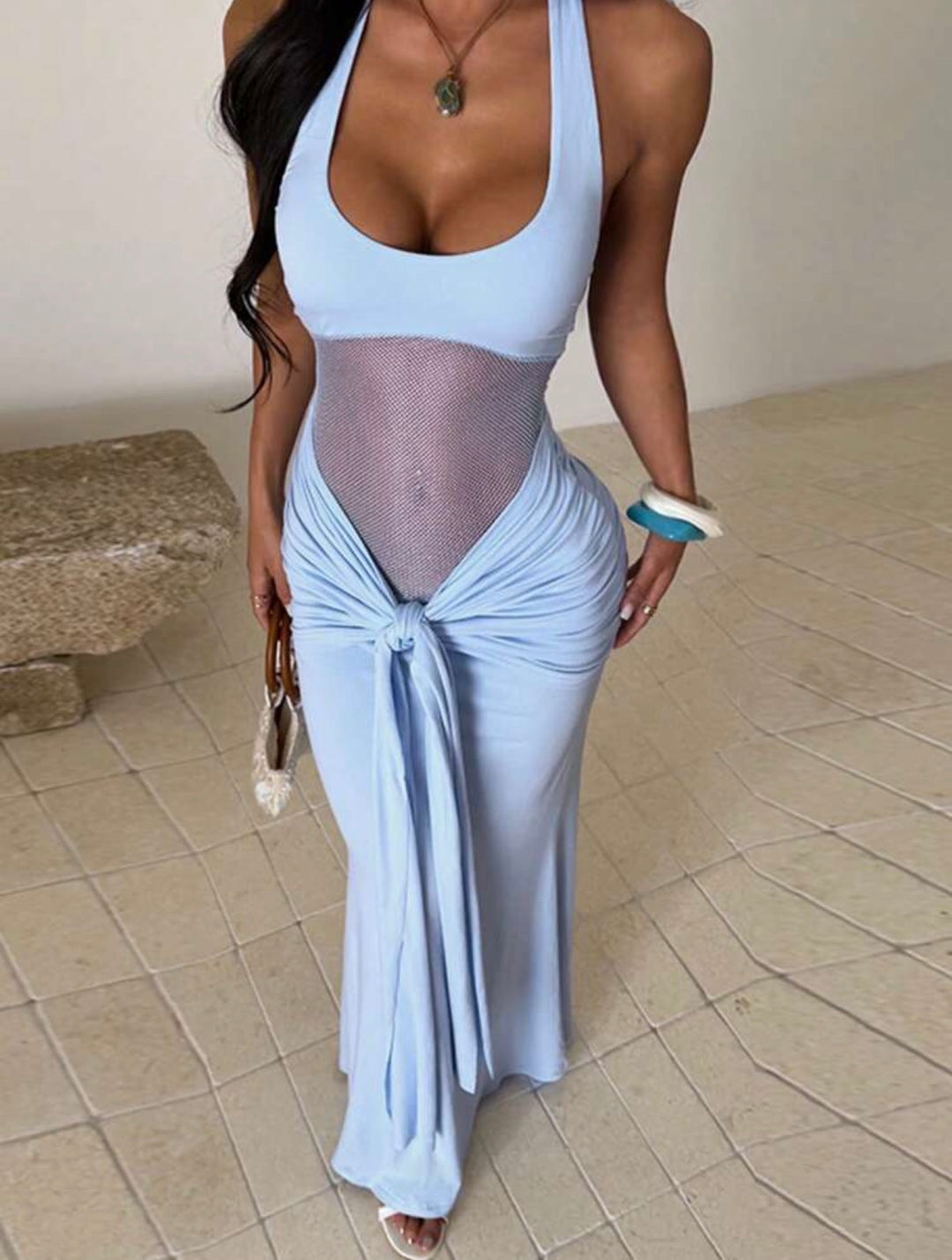 Ruched Bust Ruffle Sleeve Mermaid Hem Dress