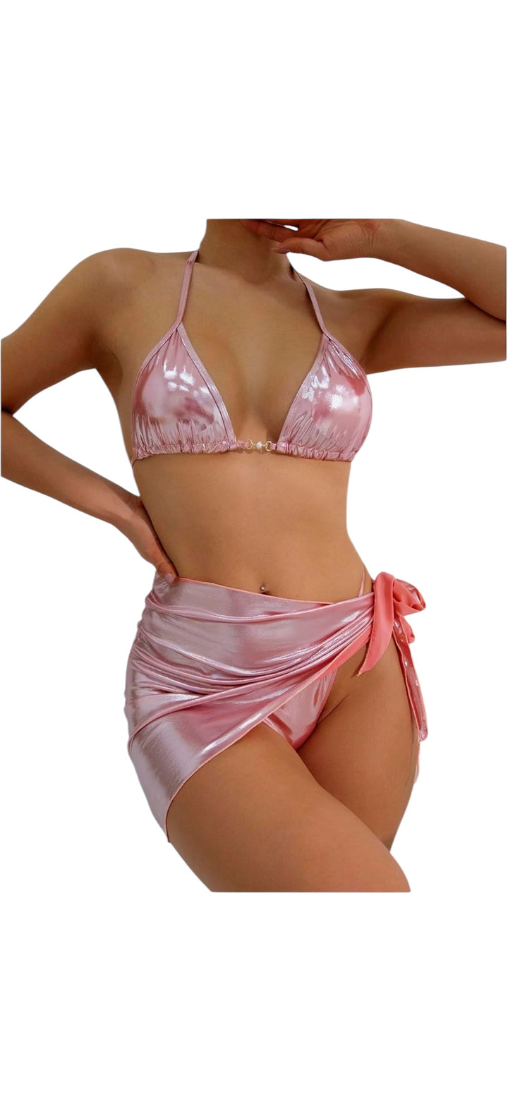 Women's 3 Piece Metallic Swimsuit Triangle Halter Thong Bikini Set with Sarong Cover Up