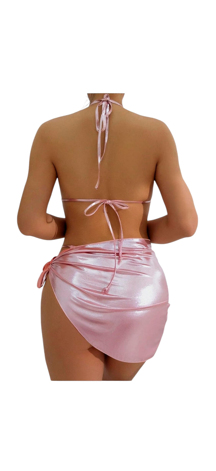 Women's 3 Piece Metallic Swimsuit Triangle Halter Thong Bikini Set with Sarong Cover Up