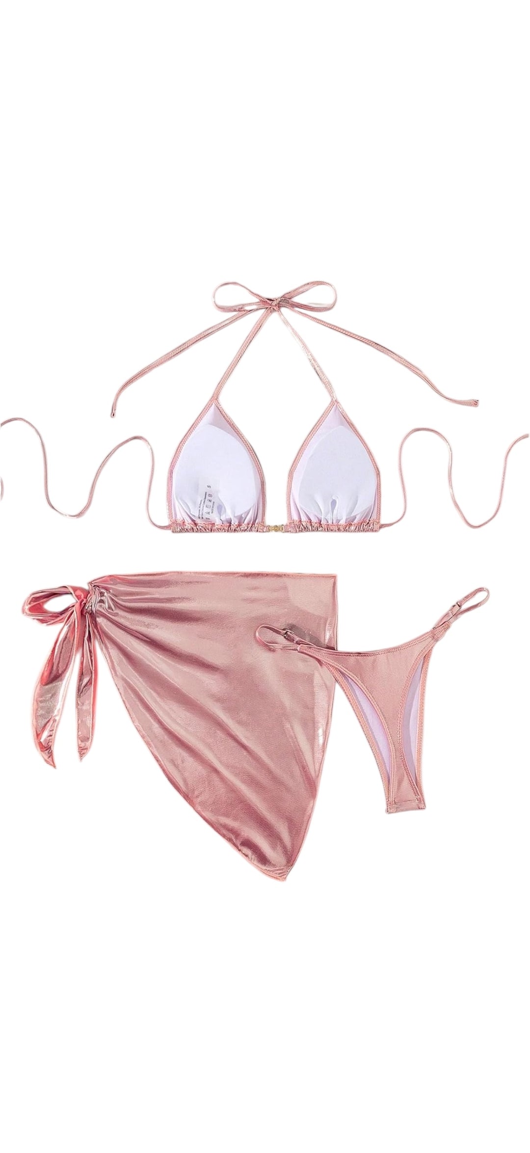 Women's 3 Piece Metallic Swimsuit Triangle Halter Thong Bikini Set with Sarong Cover Up