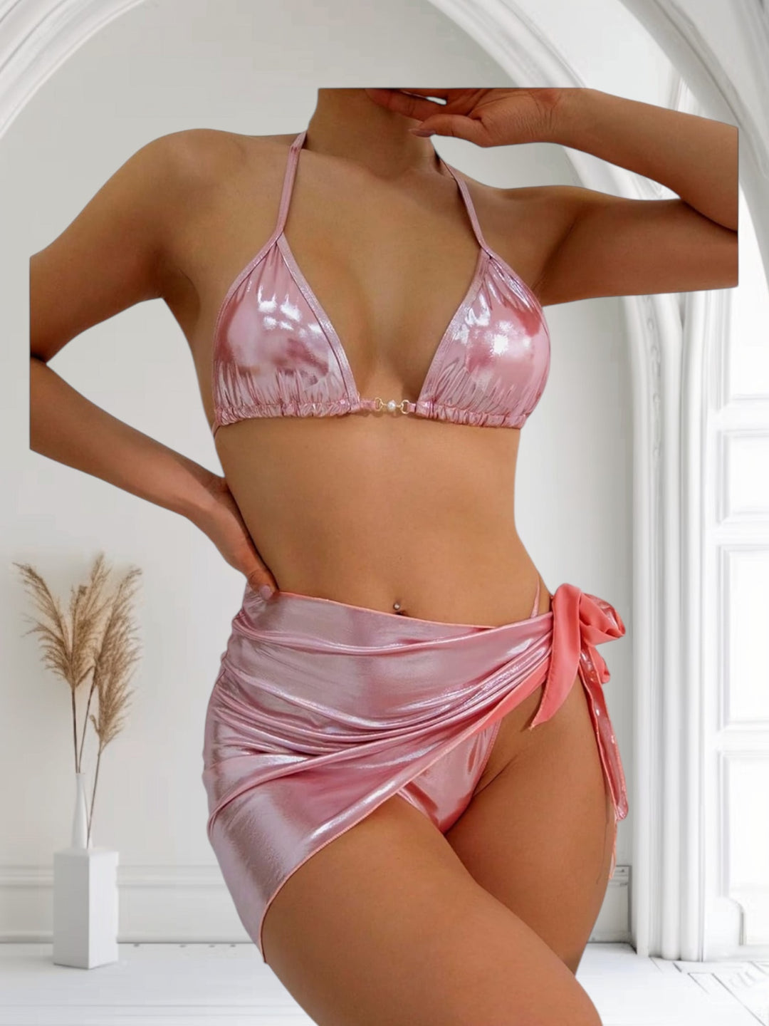 Women's 3 Piece Metallic Swimsuit Triangle Halter Thong Bikini Set with Sarong Cover Up