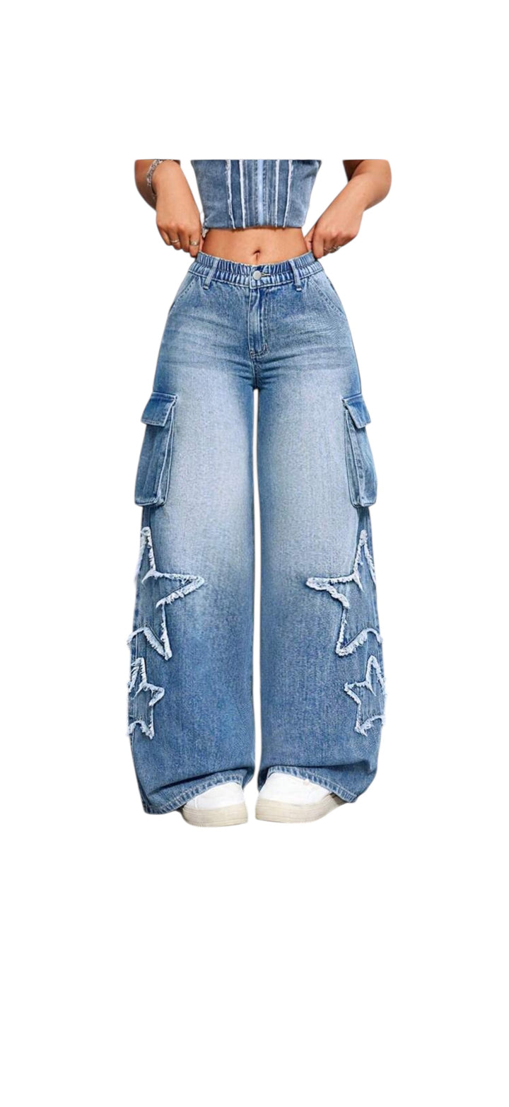 Button Pocket Five Pointed Star Frayed Hem Simple Casual Jeans