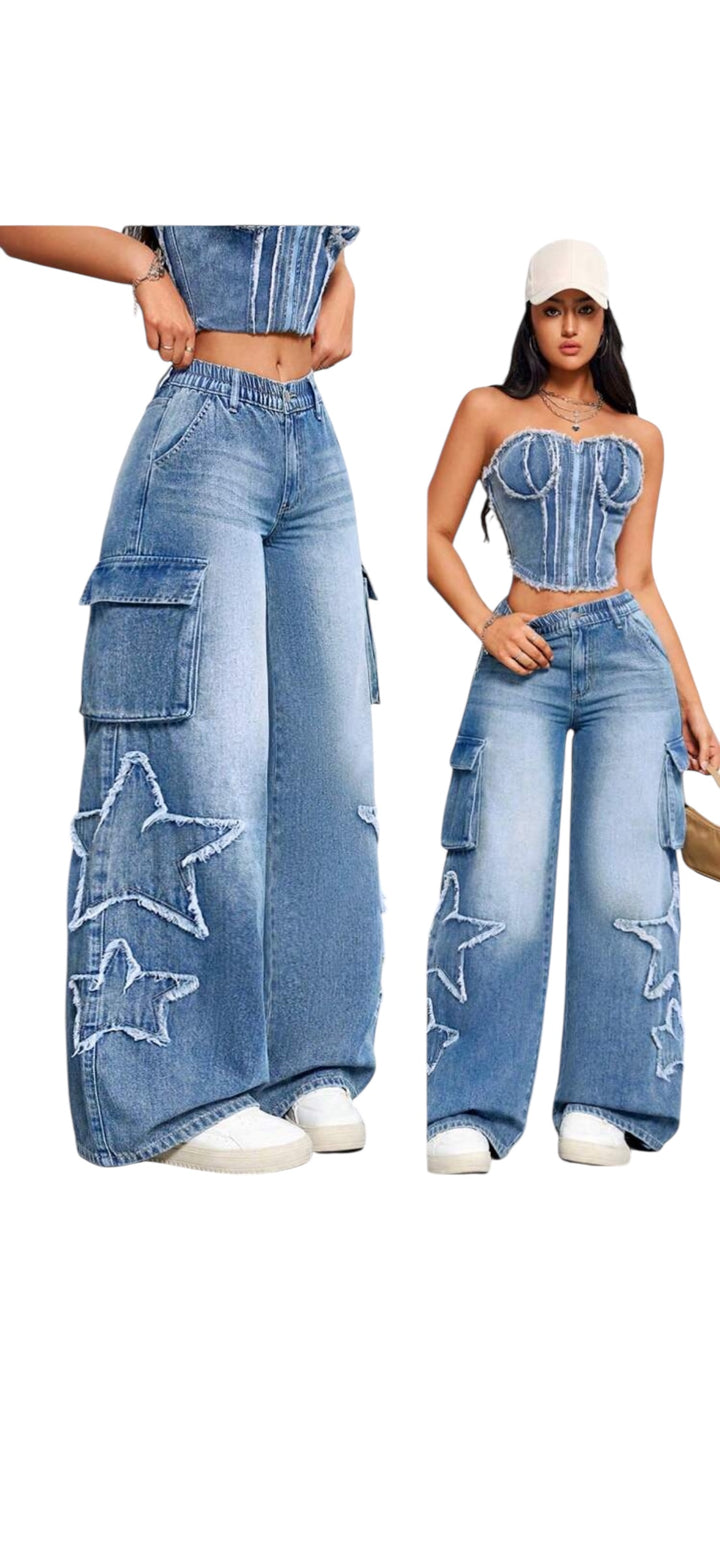 Button Pocket Five Pointed Star Frayed Hem Simple Casual Jeans