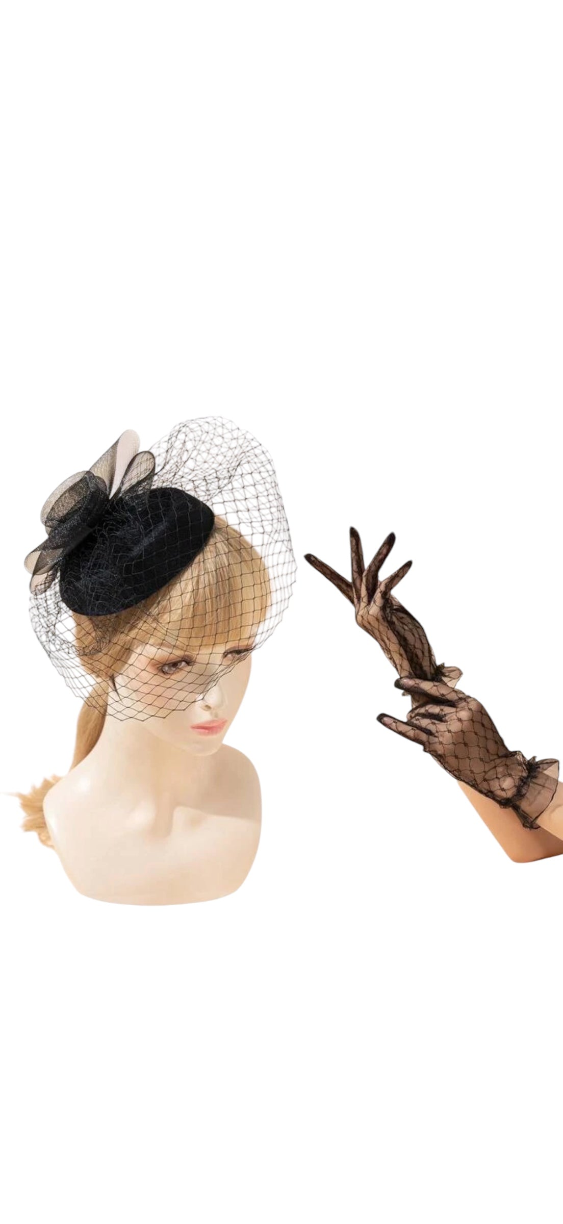 “Elegant Black Fascinator Veil & Gloves”