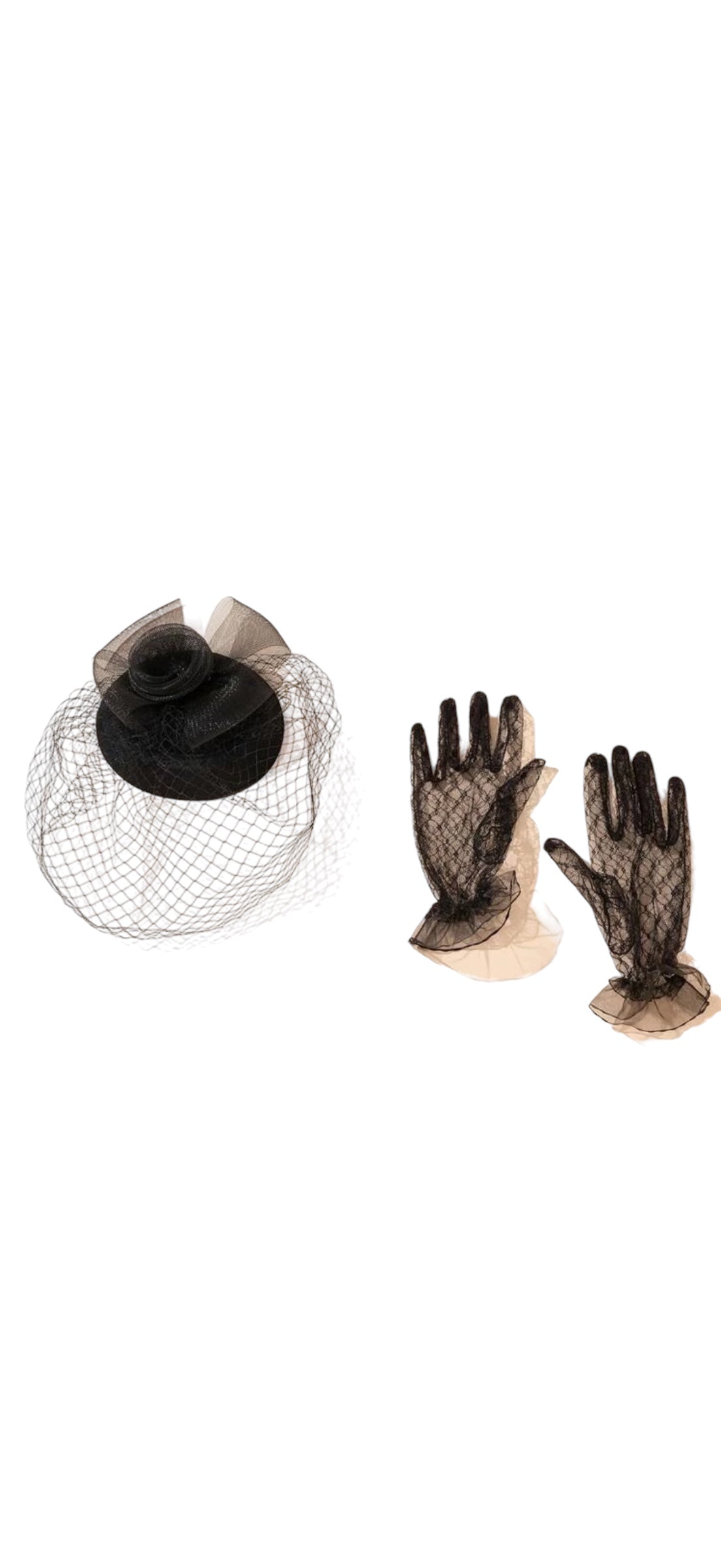 “Elegant Black Fascinator Veil & Gloves”